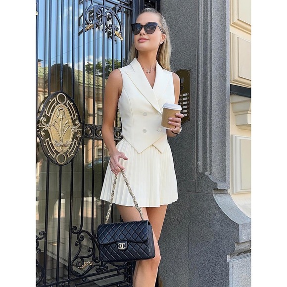 Commense Dresses & Skirts - Commense Suit Waistcoat With Pleated Mini Skirt Set off white size XS